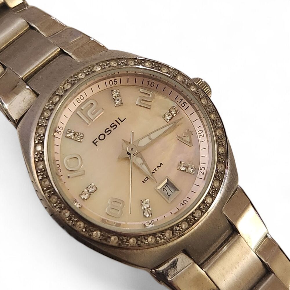 Fossil Women's Stainless Steel Crystal Bezel MOP Dial Date Quartz Watch 10ATM